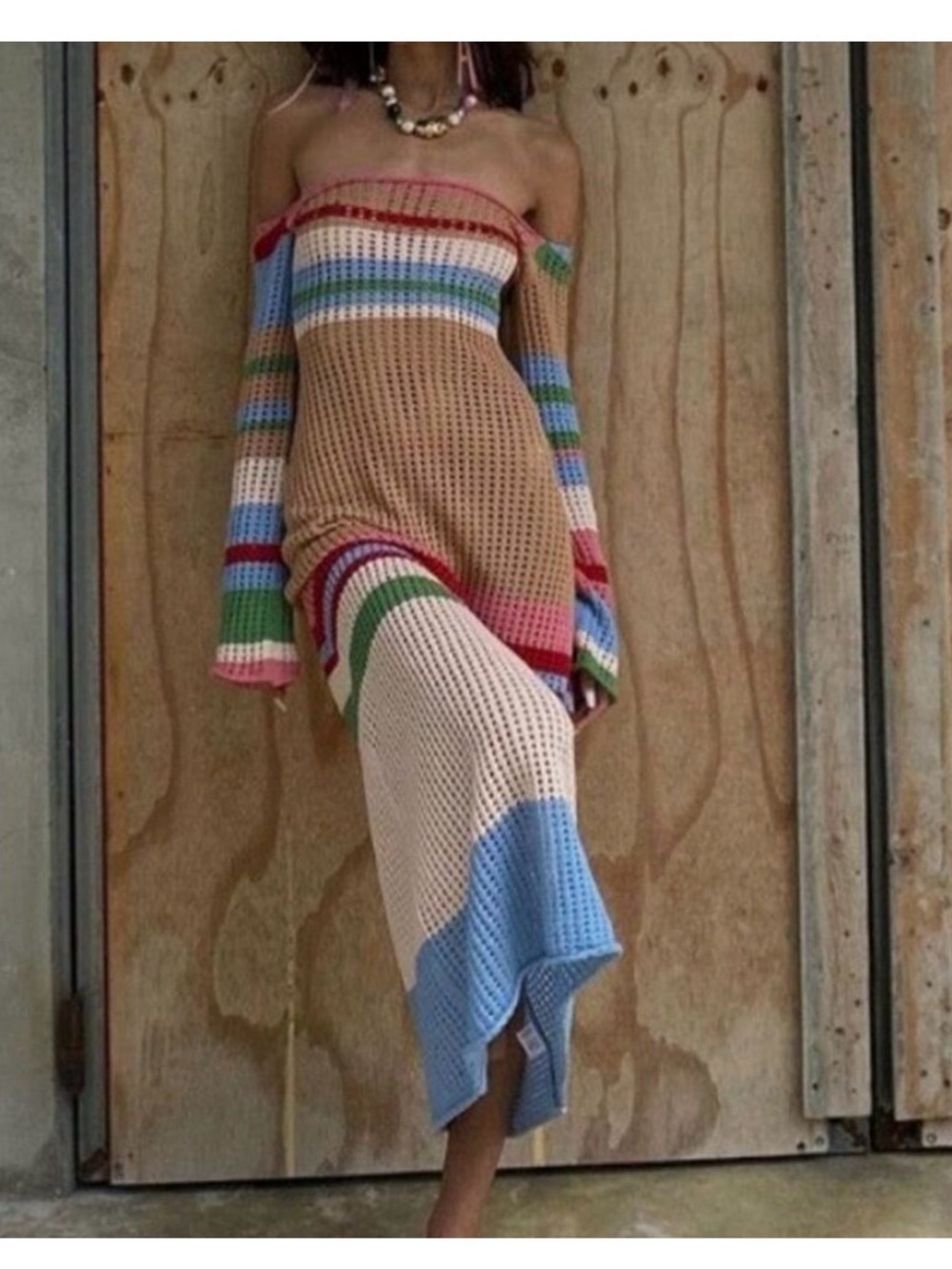 Off-Shoulder Crochet Maxi Dress in Tan with Multicolor Stripes